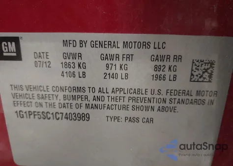 2012 Chevrolet Cruze 1Lt from USA, damaged, VIN 1G1PF5SC1C7403989